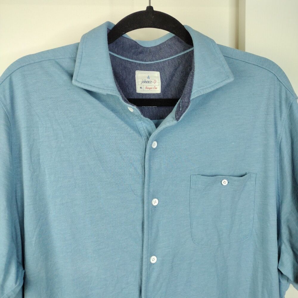 Johnnie O Hangin Out Shirt Men Size XL Light Blue Short Sleeve Button Up Camp